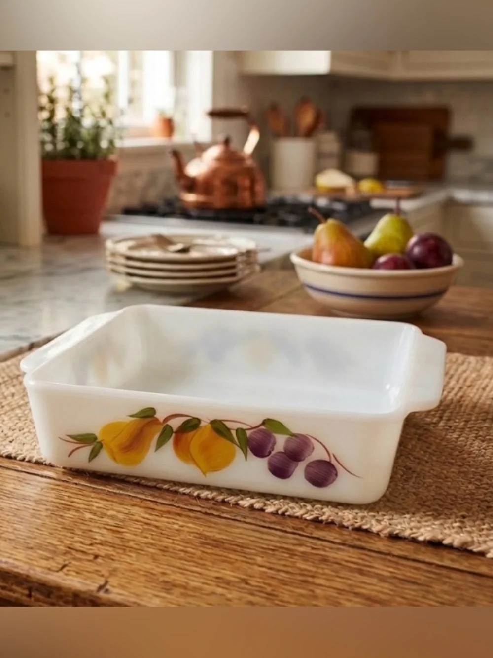 Vintage Fire-King Gay Fad Fruits Milk Glass Square Baking Dish 8” Casserole